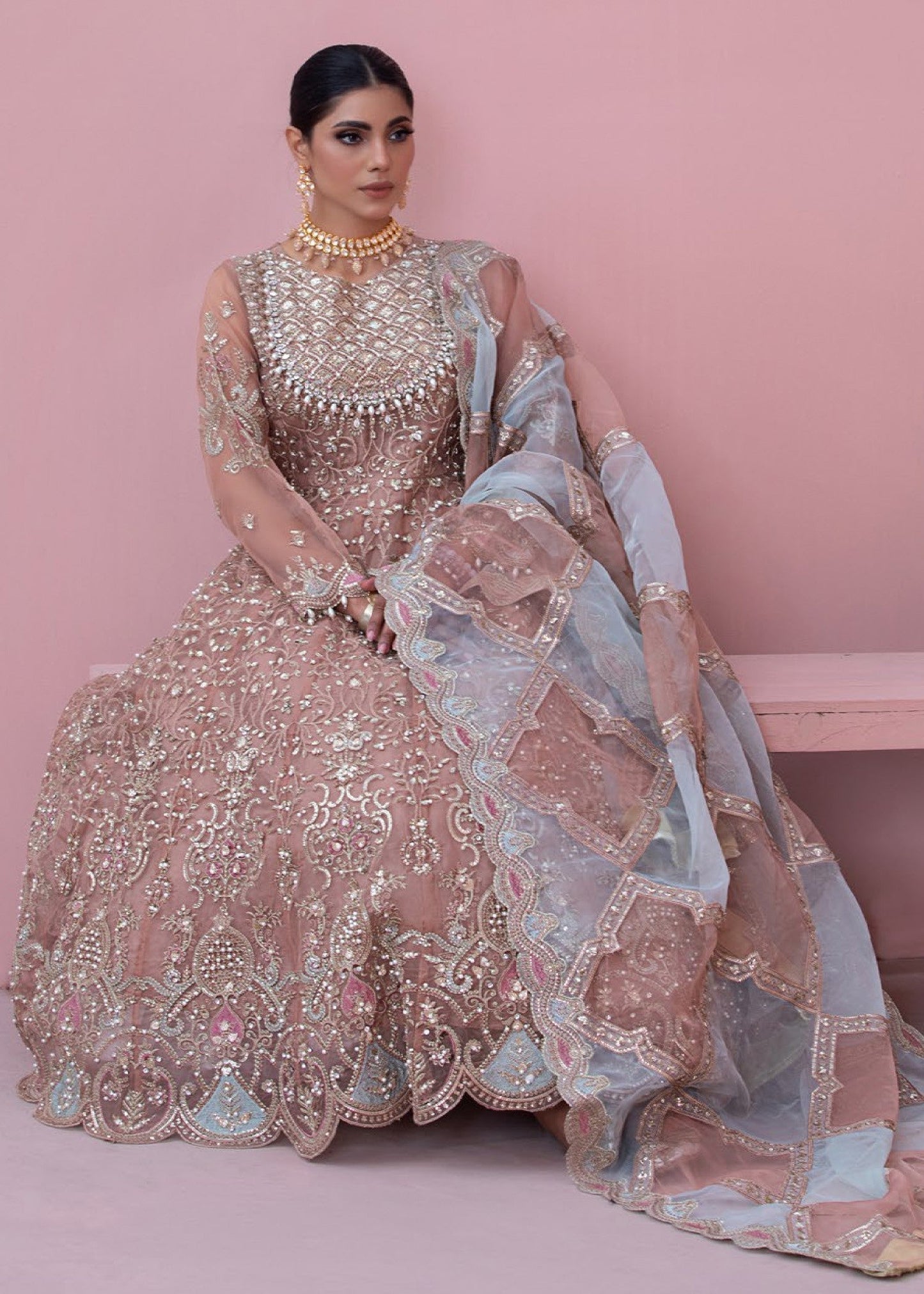 Ladies Embroidered Peach Pink Shalwar Kameez Online in UK USA Canada