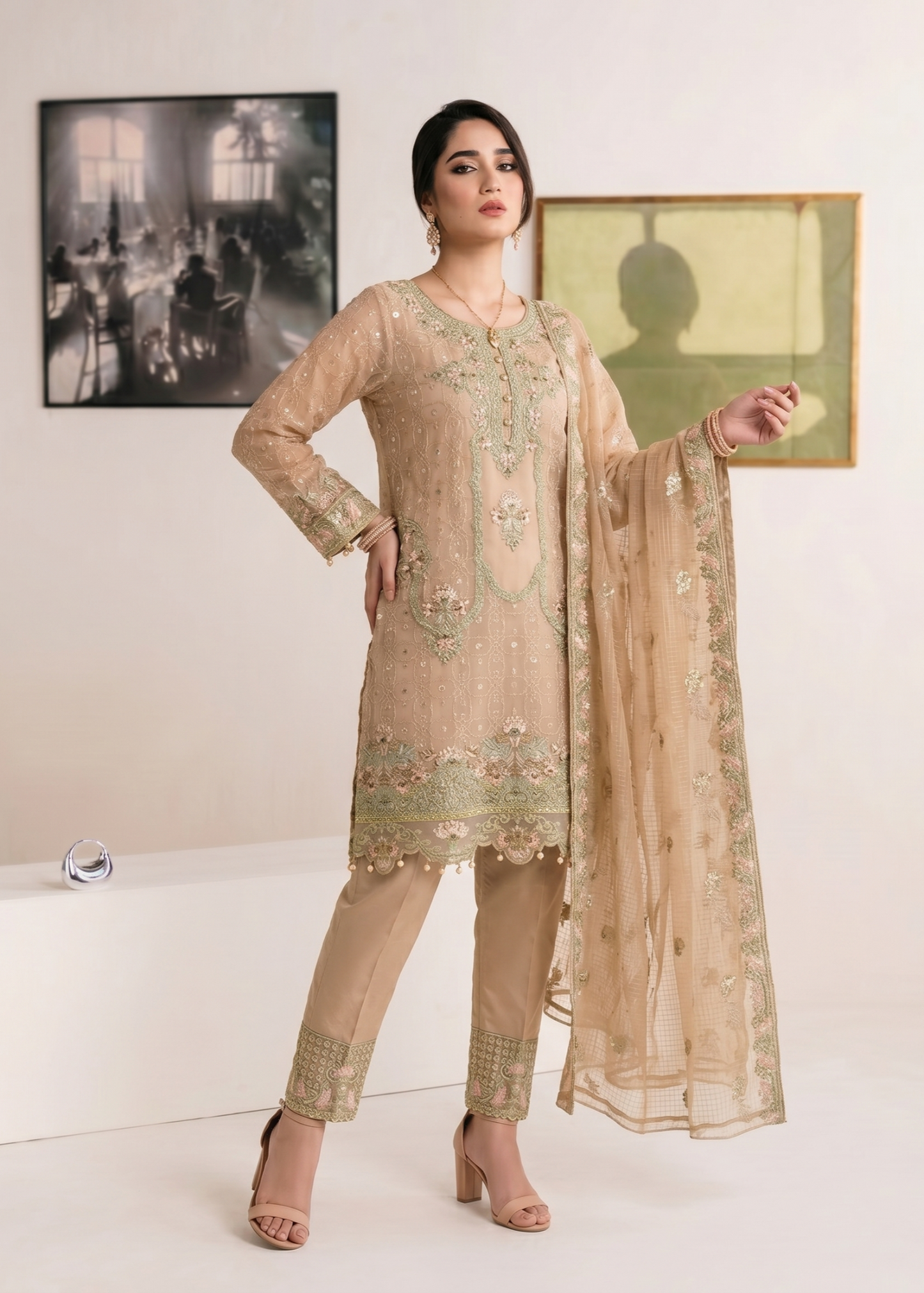 Ladies Embroidered Peach Pink Shalwar Kameez Online in UK USA Canada