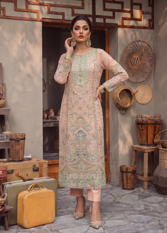 Ladies Embroidered Peach Raw Silk Suit Online in UK USA Canada