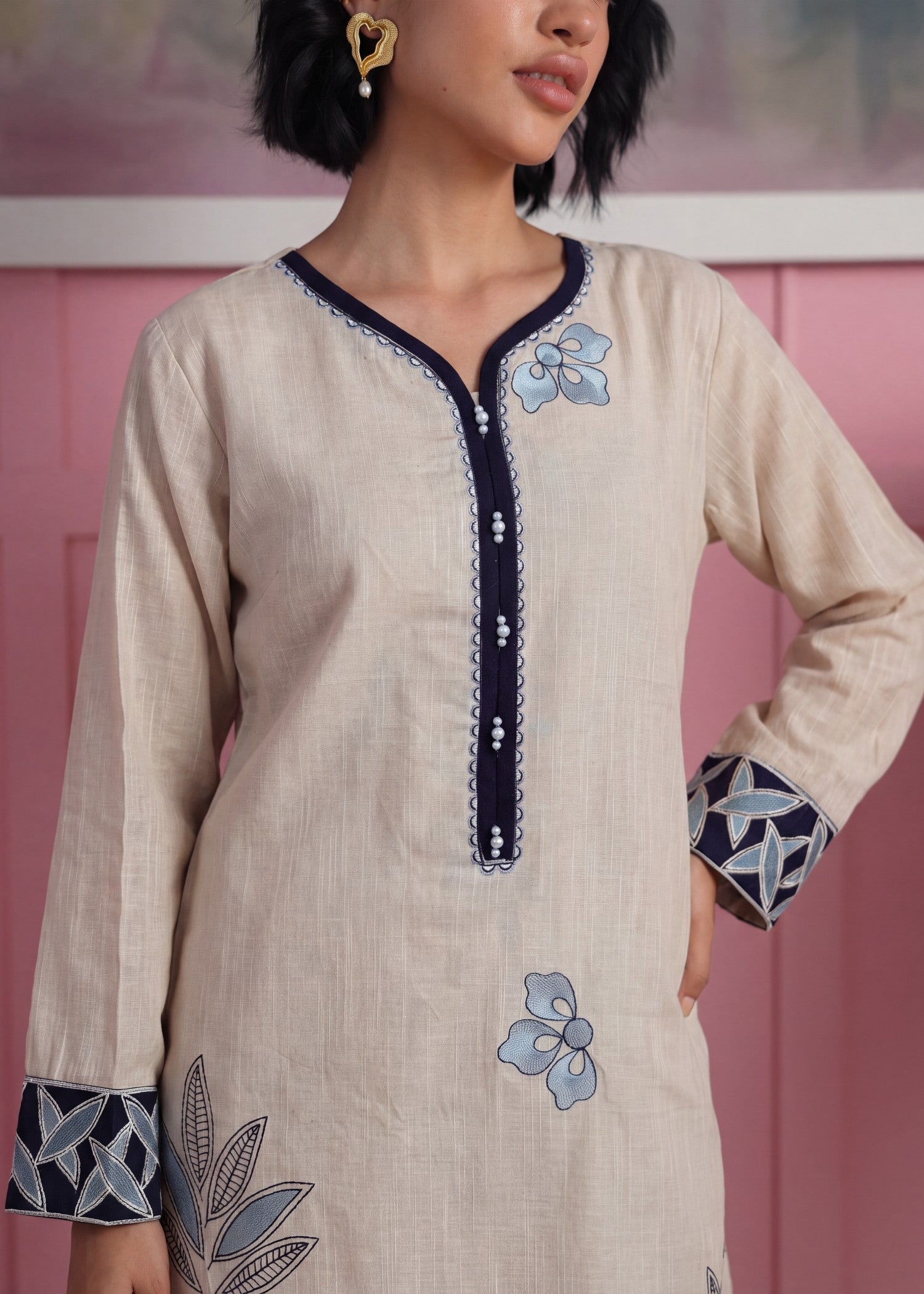 Ladies Embroidered Pearl White Kurta Set Online in UK USA Canada