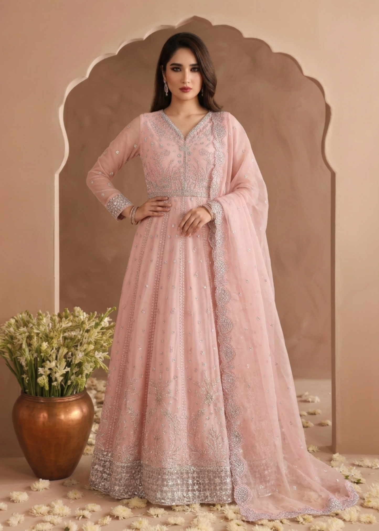 Ladies Embroidered Pink Chiffon Partywear Outfit Online in UK USA Canada