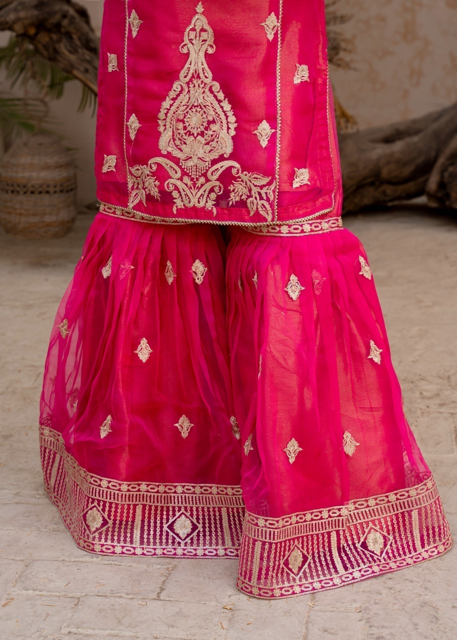 Ladies Embroidered Pink Flared Gharara Suit Online in KSA Riyadh Saudi Arabia Oman Bahrain Qatar