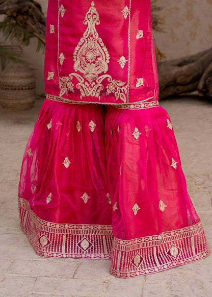 Ladies Embroidered Pink Flared Gharara Suit Online in KSA Riyadh Saudi Arabia Oman Bahrain Qatar