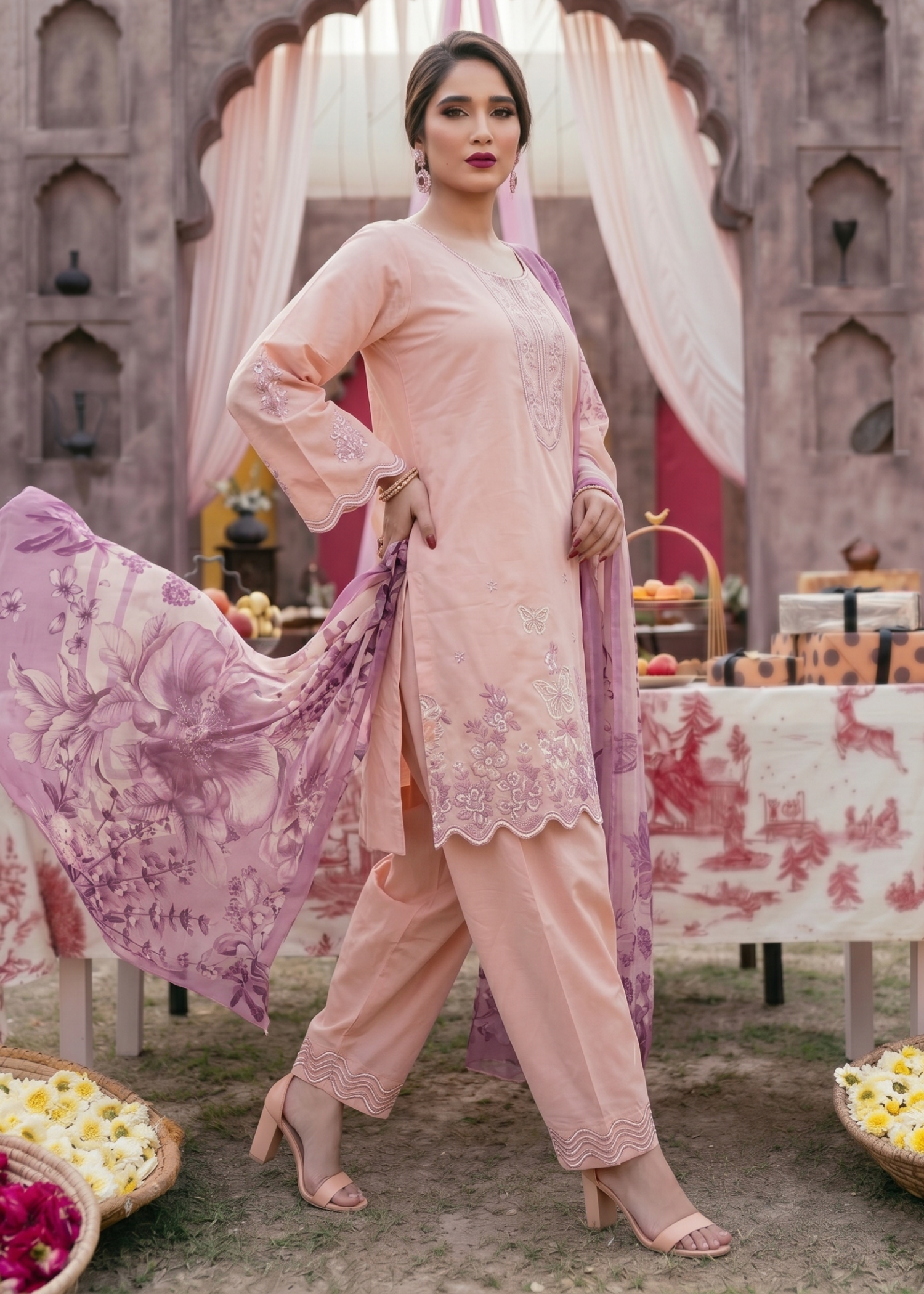 Ladies Embroidered Pink Lawn Salwar Kameez Online in UK USA Canada