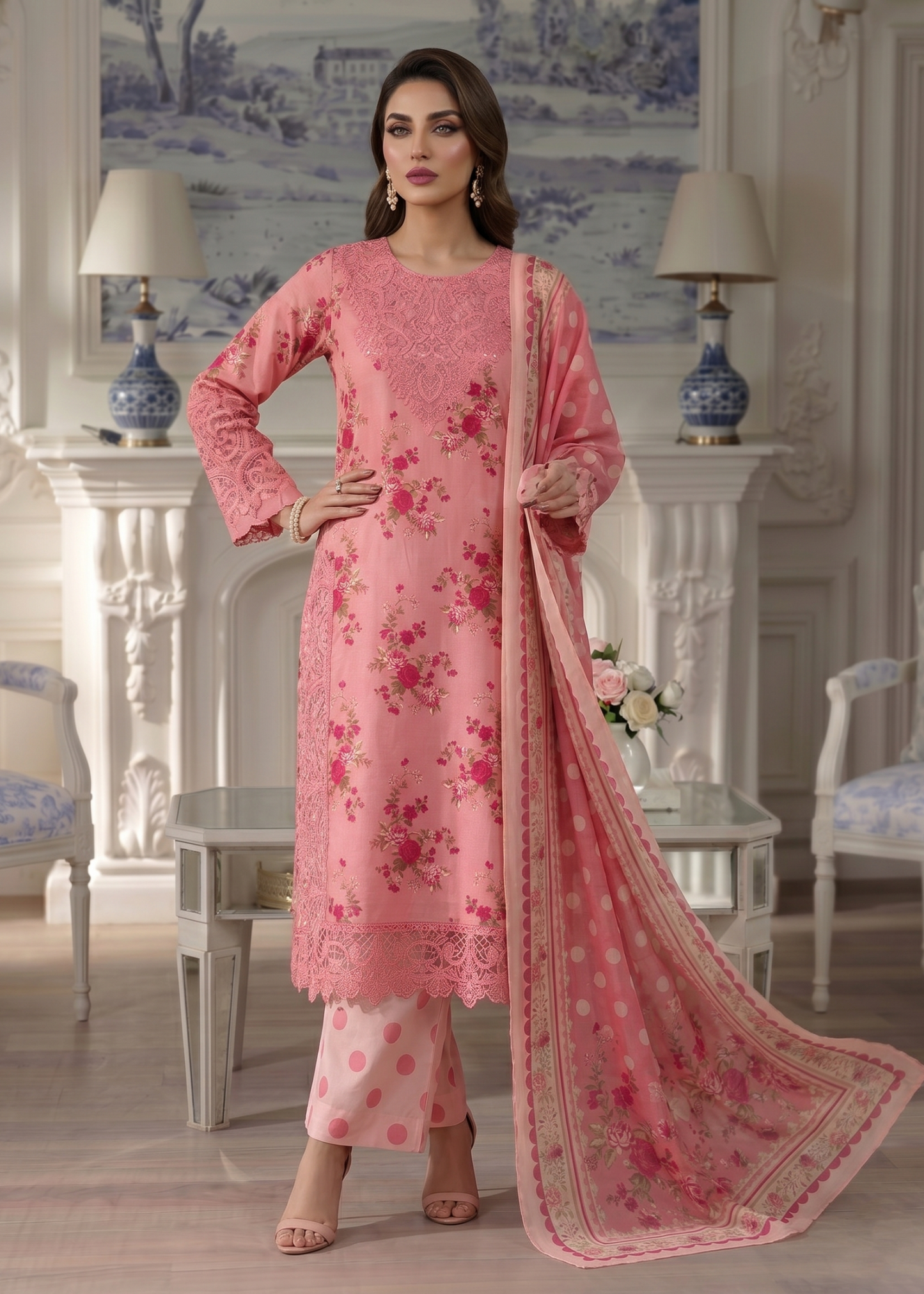 Ladies Embroidered Pink Lawn Suit Online in UK USA Canada
