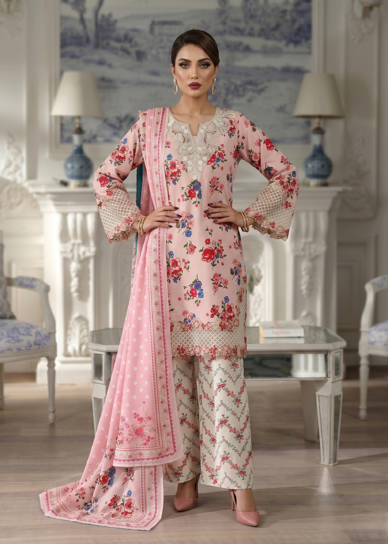 Ladies Embroidered Pink Lawn Suit Online in UK USA Canada