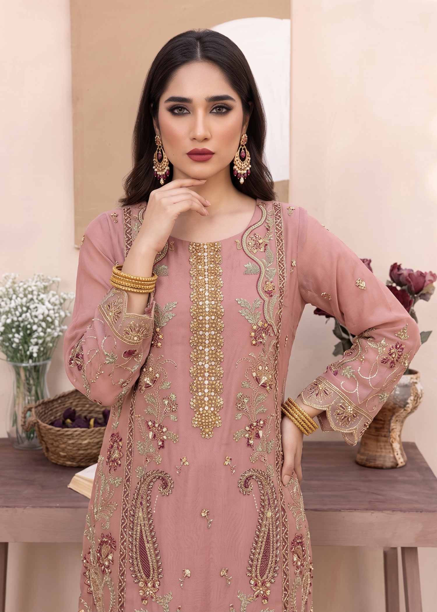 Ladies Embroidered Pink Organza Pakistani Dress Online in UK USA Canada
