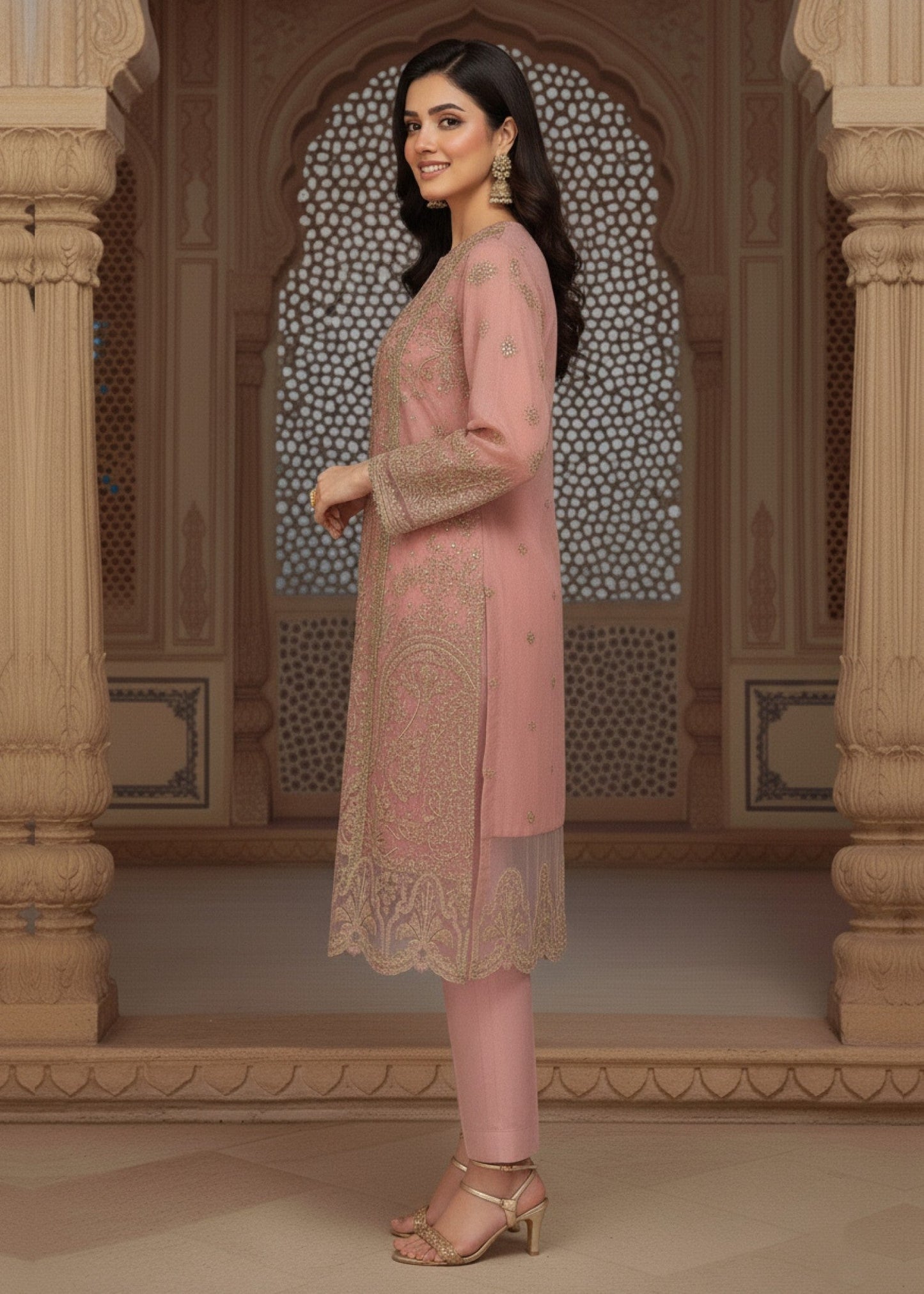 Ladies Embroidered Pink Organza Partywear Suit Online in UK USA Canada