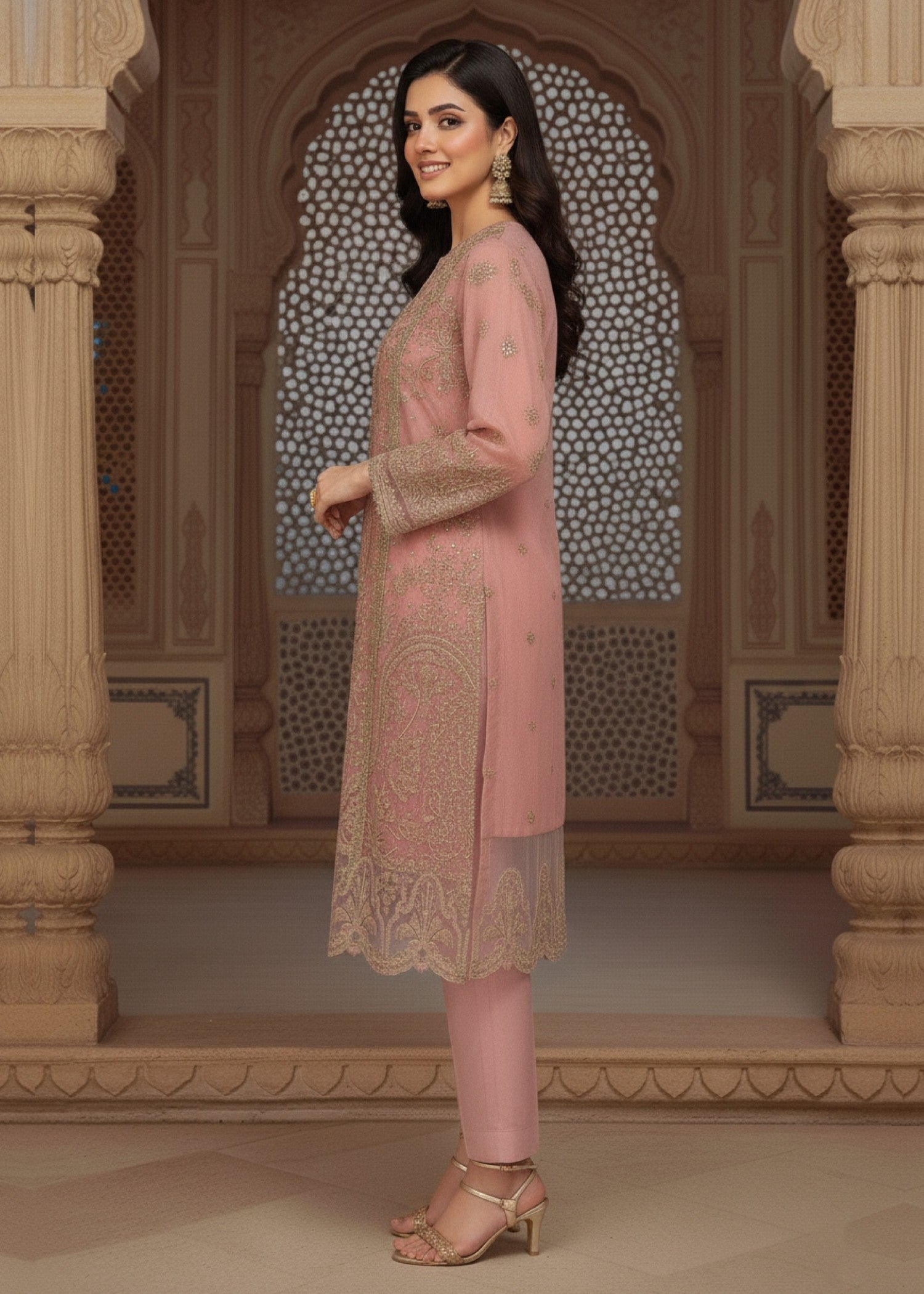 Ladies Embroidered Pink Organza Partywear Suit Online in UK USA Canada
