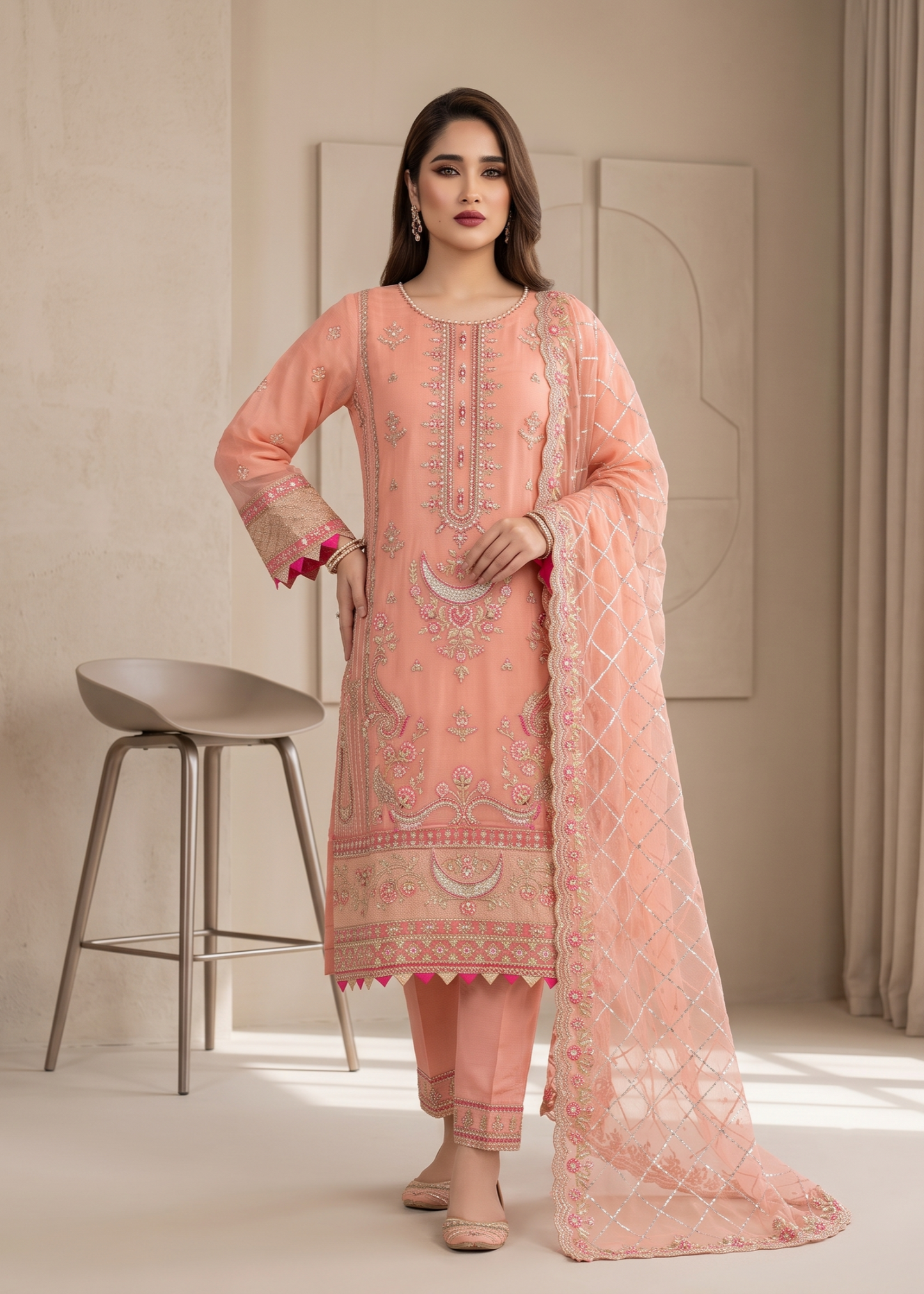Ladies Embroidered Pink Organza Shalwar Kameez Online in UK USA Canada