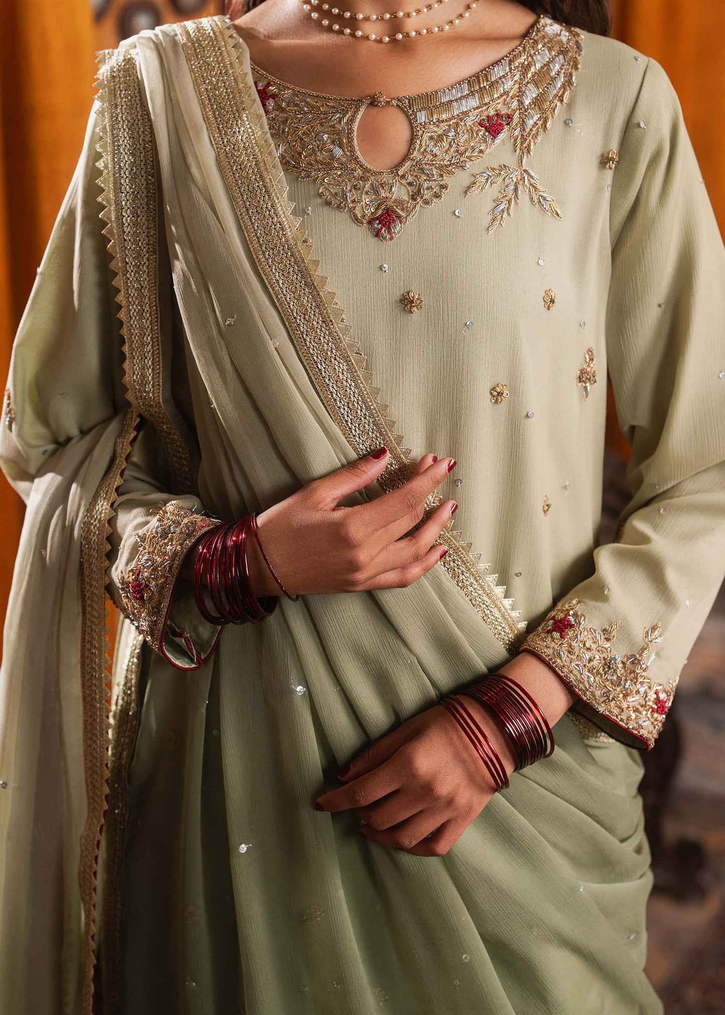 Ladies Embroidered Pistachio Green Chiffon Shalwar Kameez Online in UK USA Canada