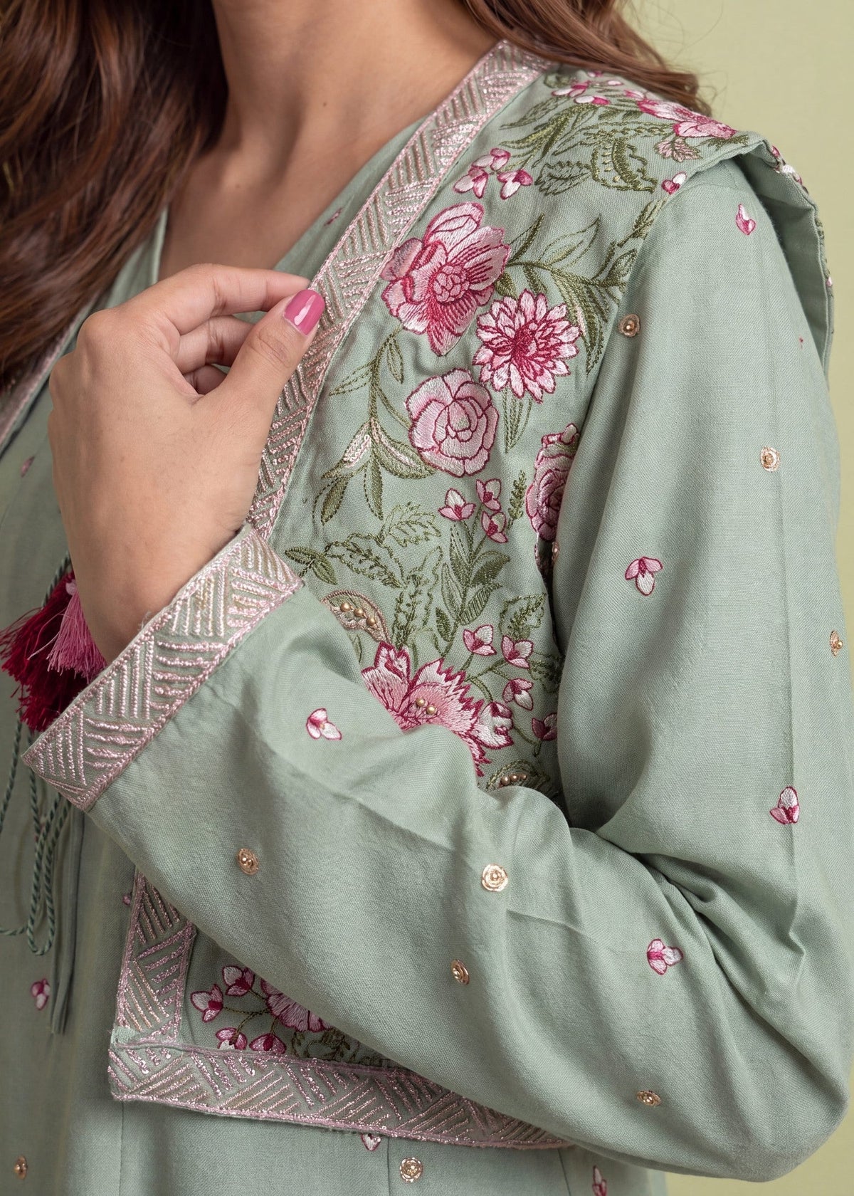 Ladies Embroidered Pistachio Green Dhanak Shalwar Kameez Online in UK USA Canada