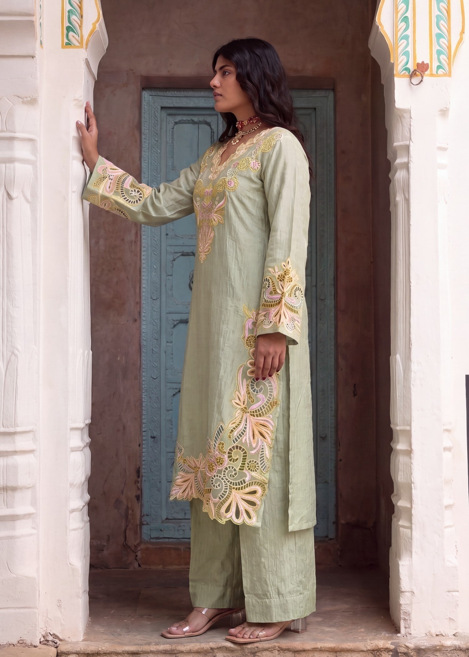 Ladies Embroidered Pistachio Green Lawn Kurta Online in UK USA Canada