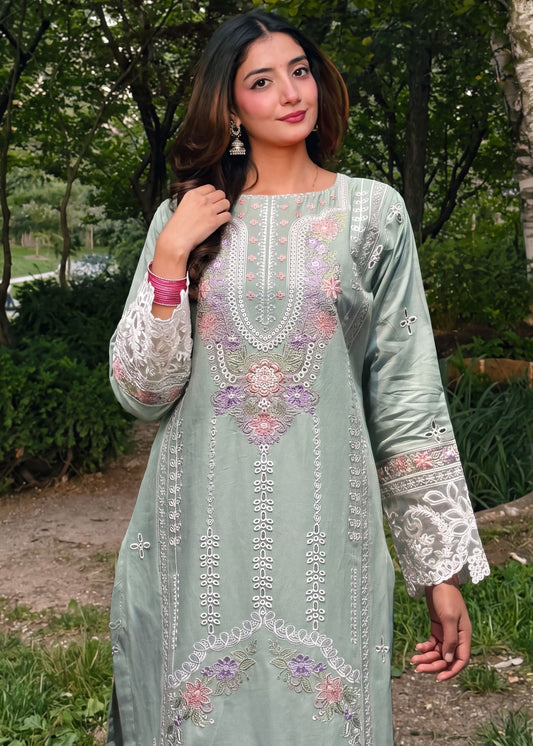 Ladies Embroidered Pistachio Green Lawn Kurta with Trouser and Dupatta Online in UK USA Canada
