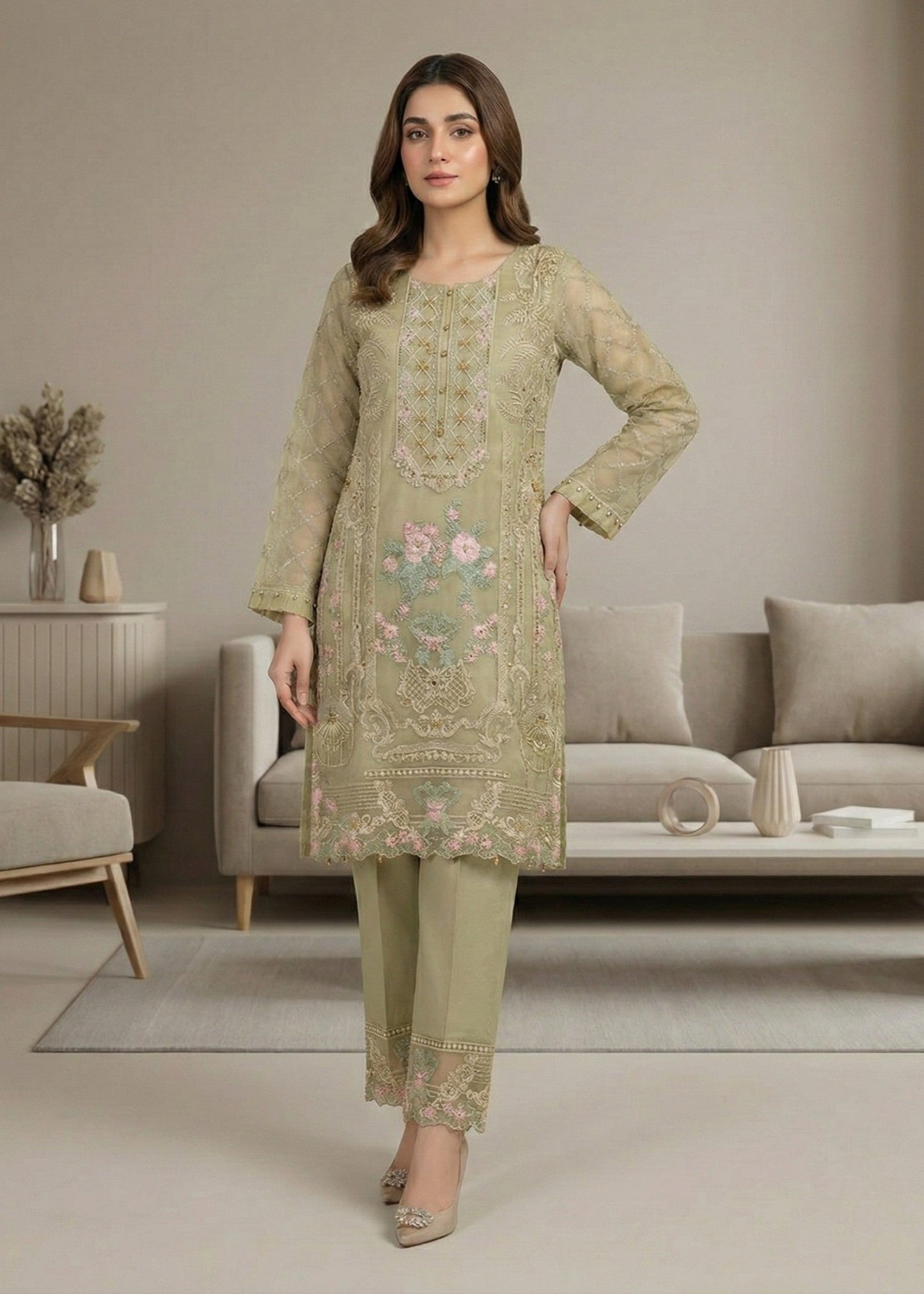Ladies Embroidered Pistachio Green Shalwar Kameez Online in UK USA Canada