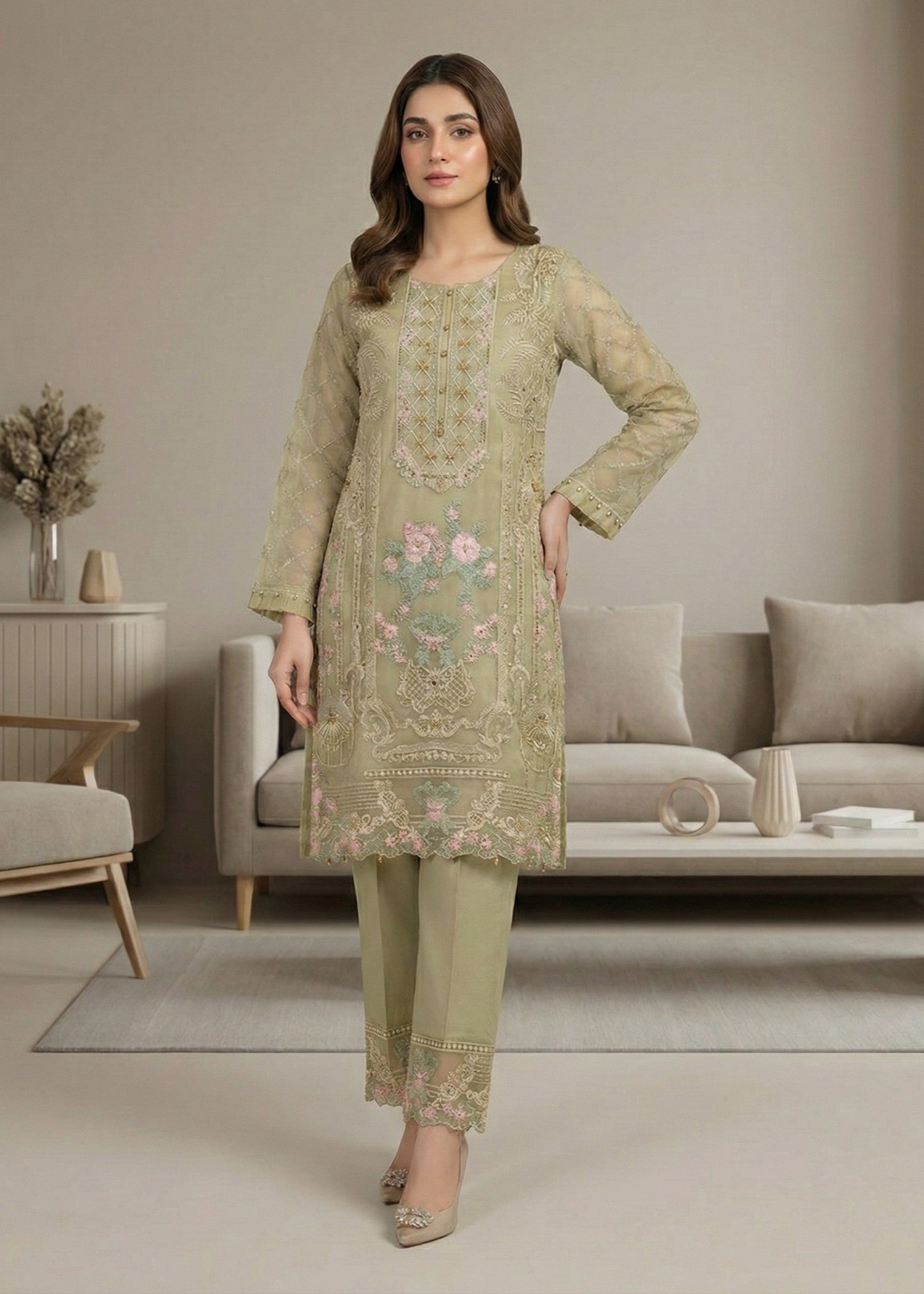 Ladies Embroidered Pistachio Green Shalwar Kameez Online in UK USA Canada