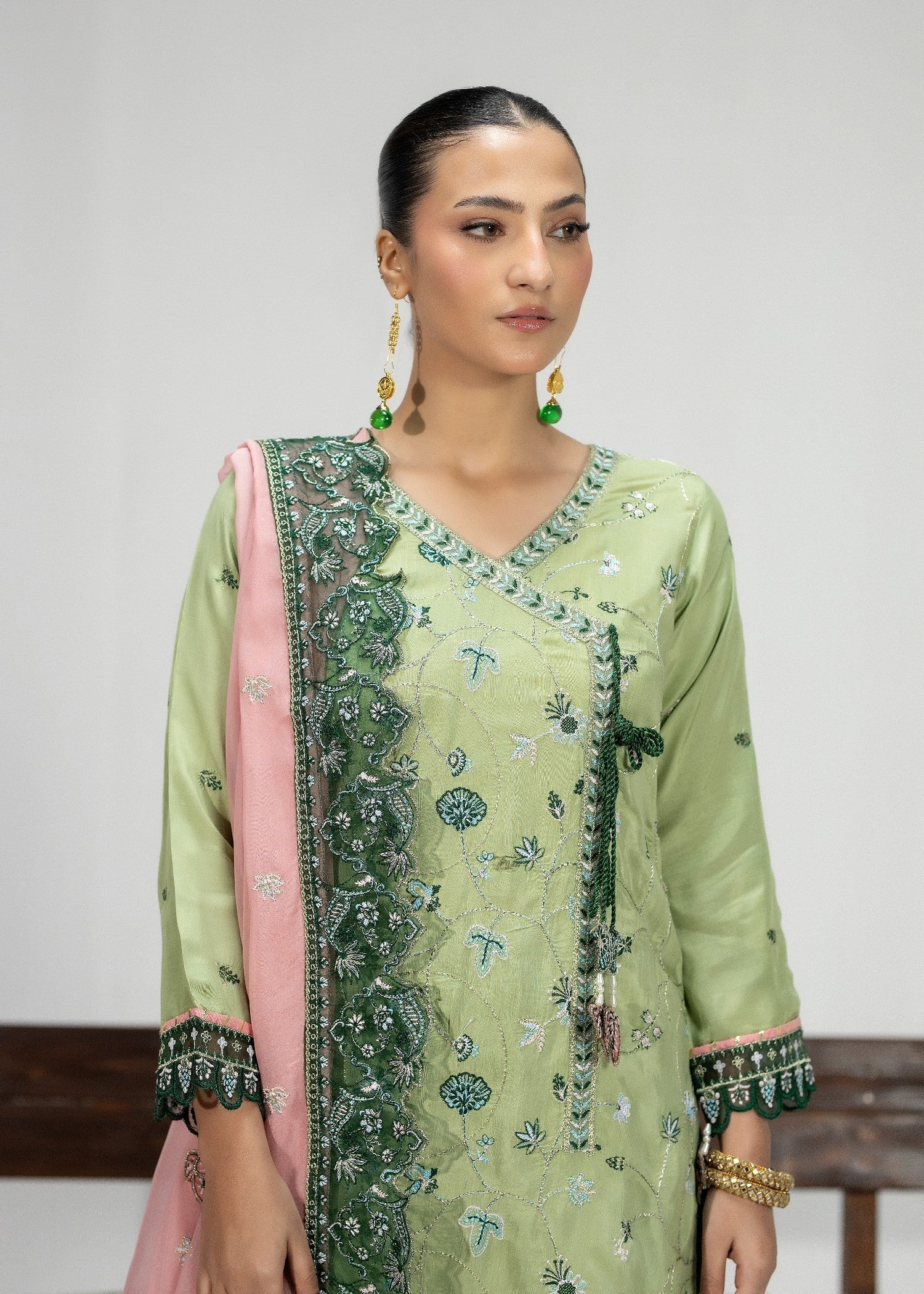 Ladies Embroidered Pistachio Green Silk Party Wear Suit Online in UK USA Canada