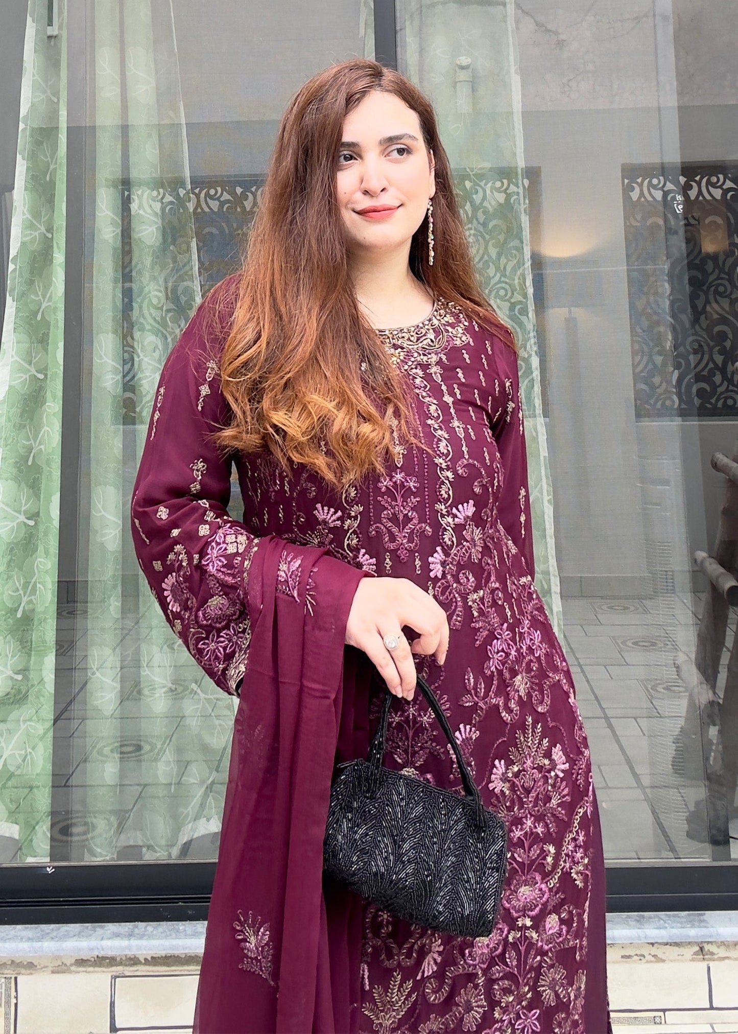 Ladies Embroidered Plum Georgette Shalwar Kameez Online in UK USA Canada