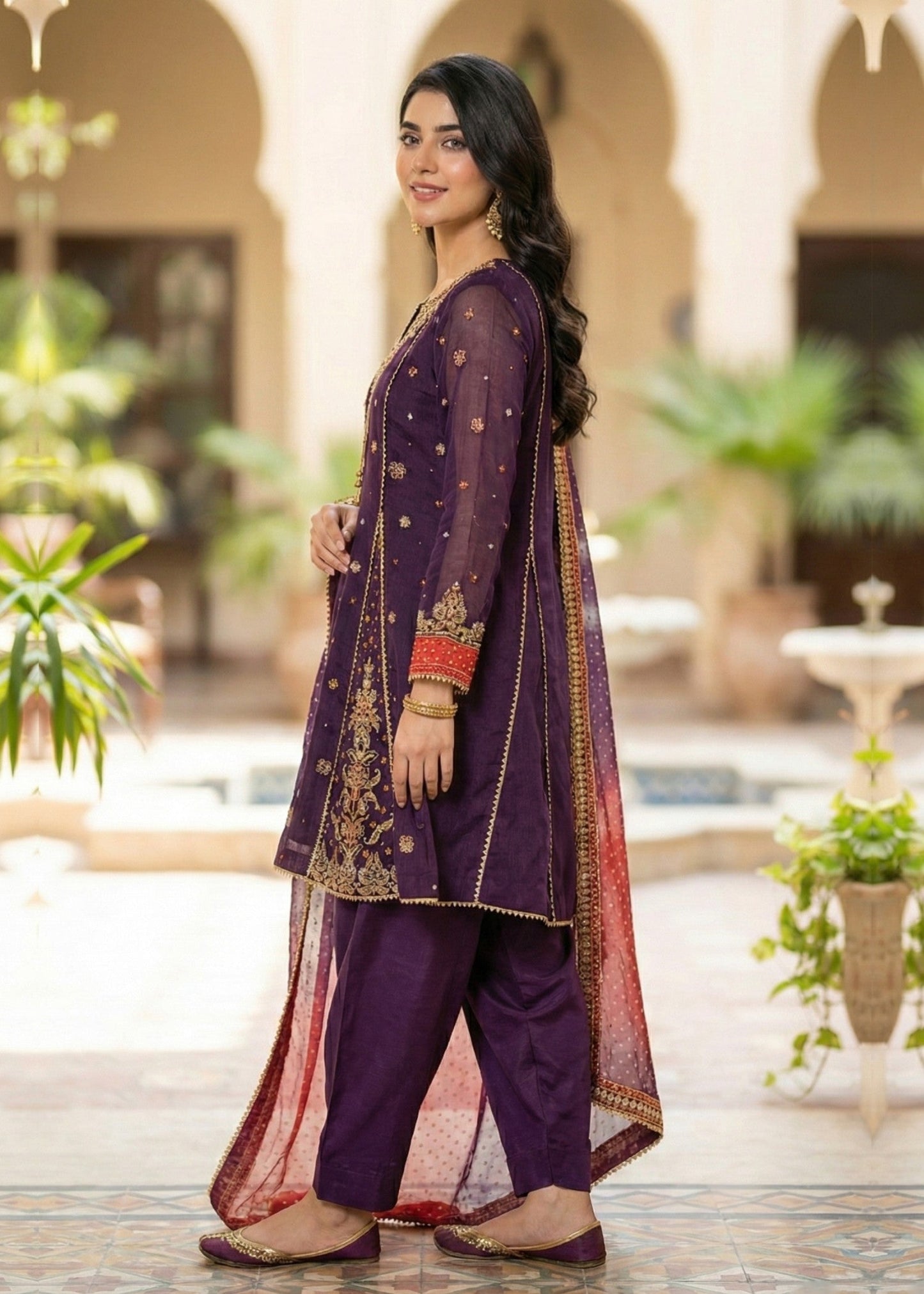 Ladies Embroidered Plum Khaddi Net Shalwar Kameez Online in UK USA Canada
