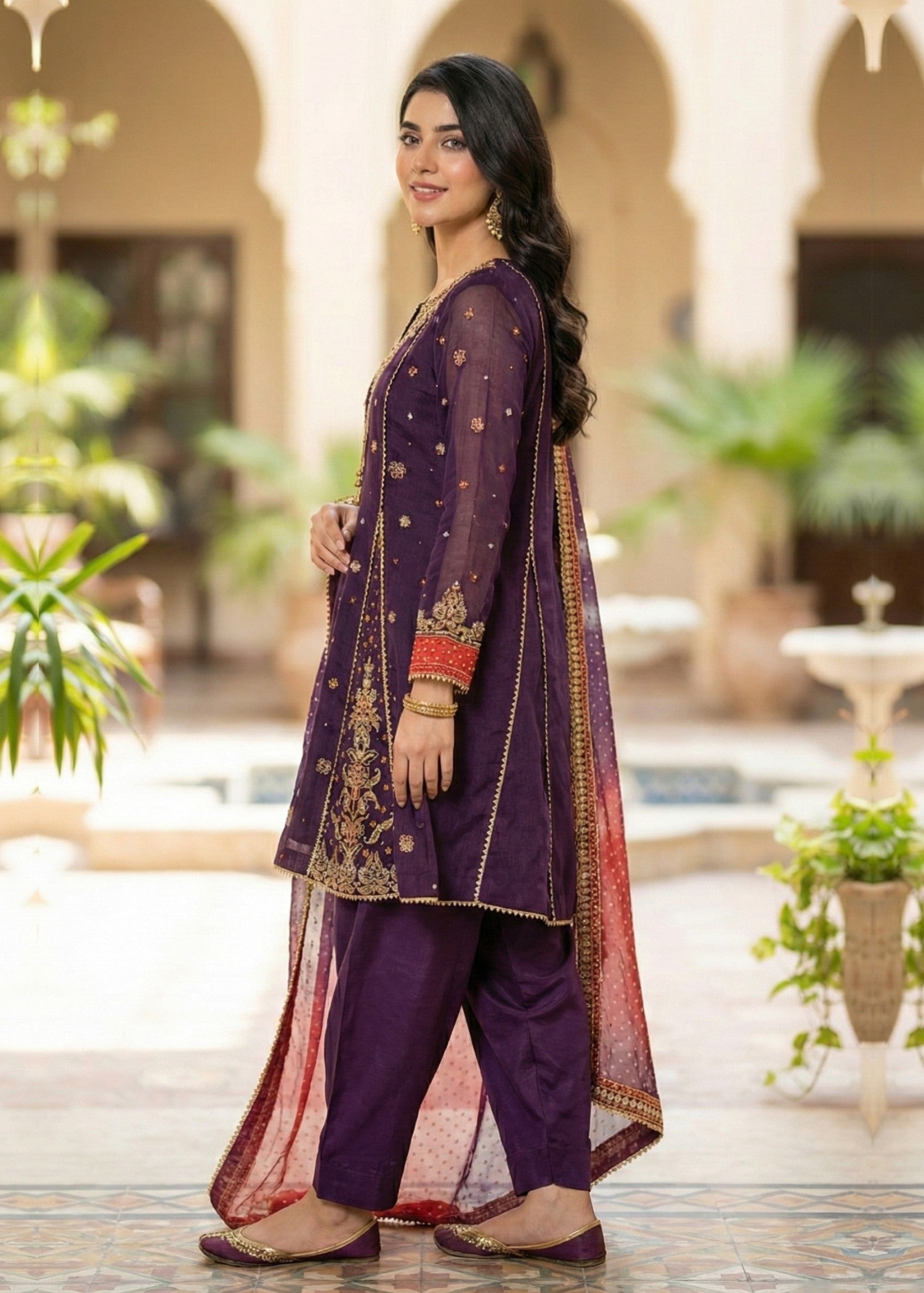 Ladies Embroidered Plum Khaddi Net Shalwar Kameez Online in UK USA Canada