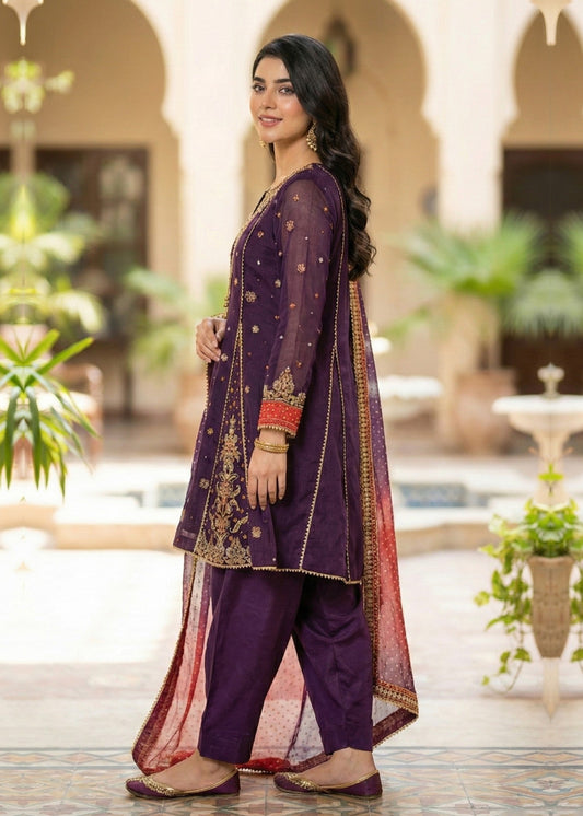 Ladies Embroidered Plum Khaddi Net Shalwar Kameez Online in UK USA Canada