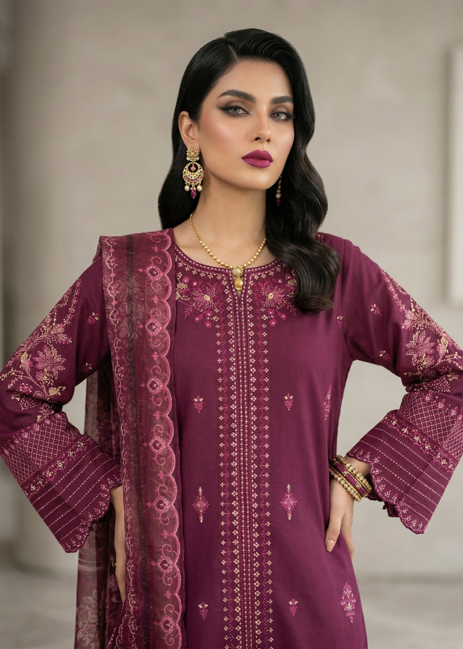 Ladies Embroidered Plum Lawn Kurta Online in UK USA Canada