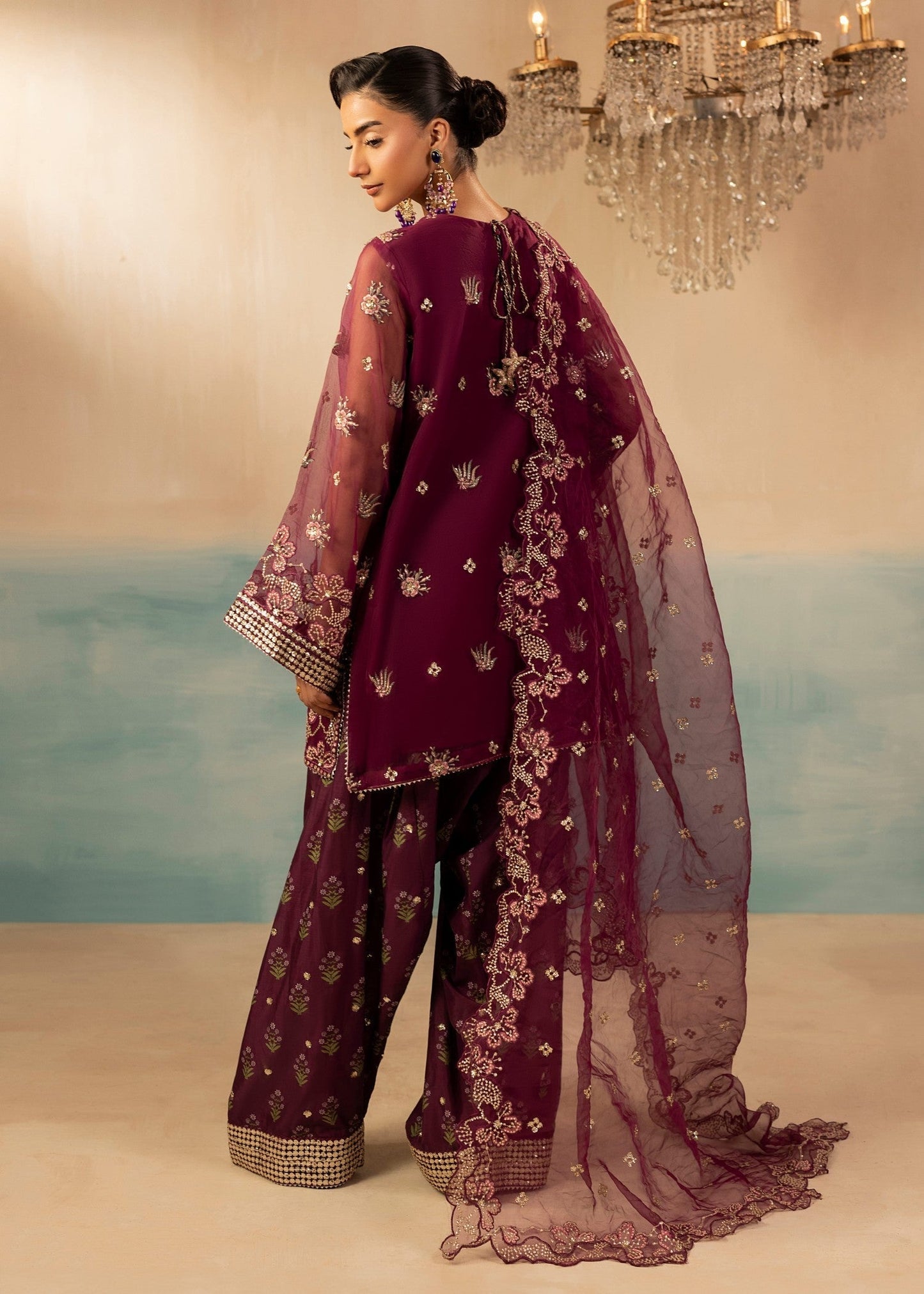 Ladies Embroidered Plum Organza Farshi Shalwar Kameez Online in UK USA Canada