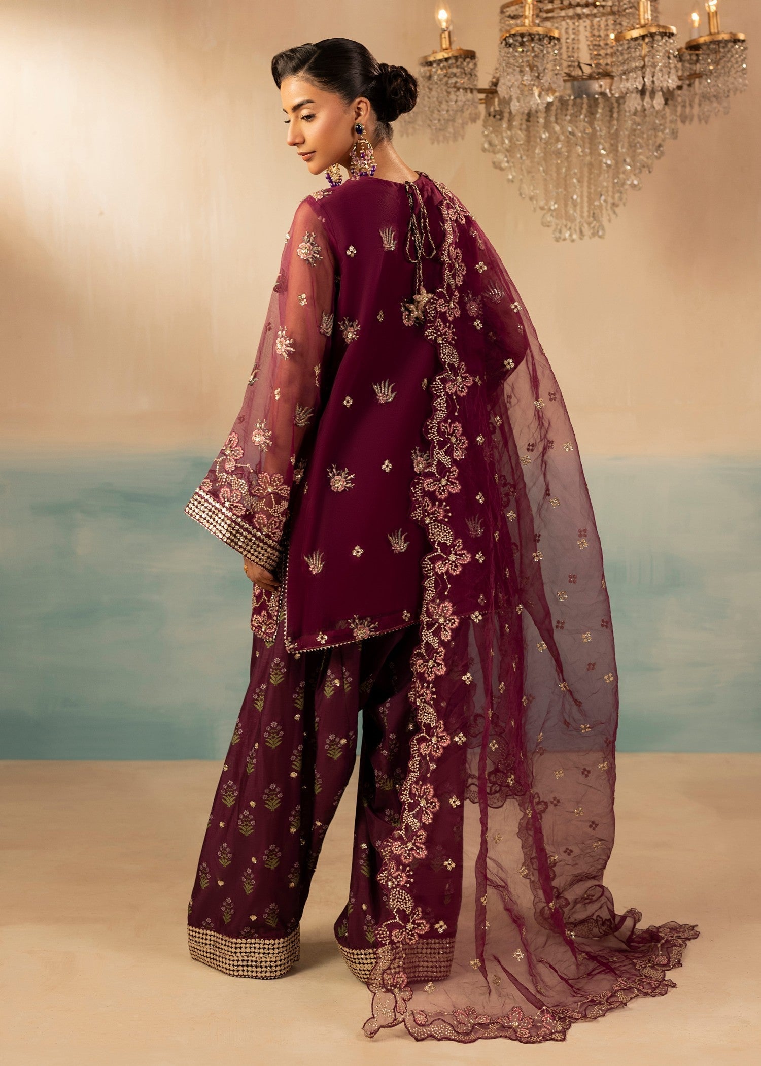 Ladies Embroidered Plum Organza Farshi Shalwar Kameez Online in UK USA Canada