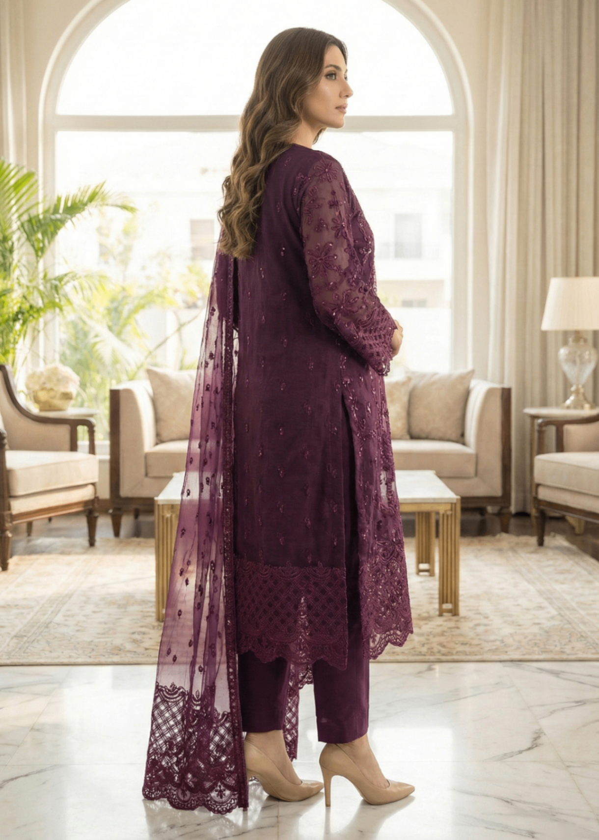 Ladies Embroidered Plum Organza Shalwar Kameez Online in UK USA Canada