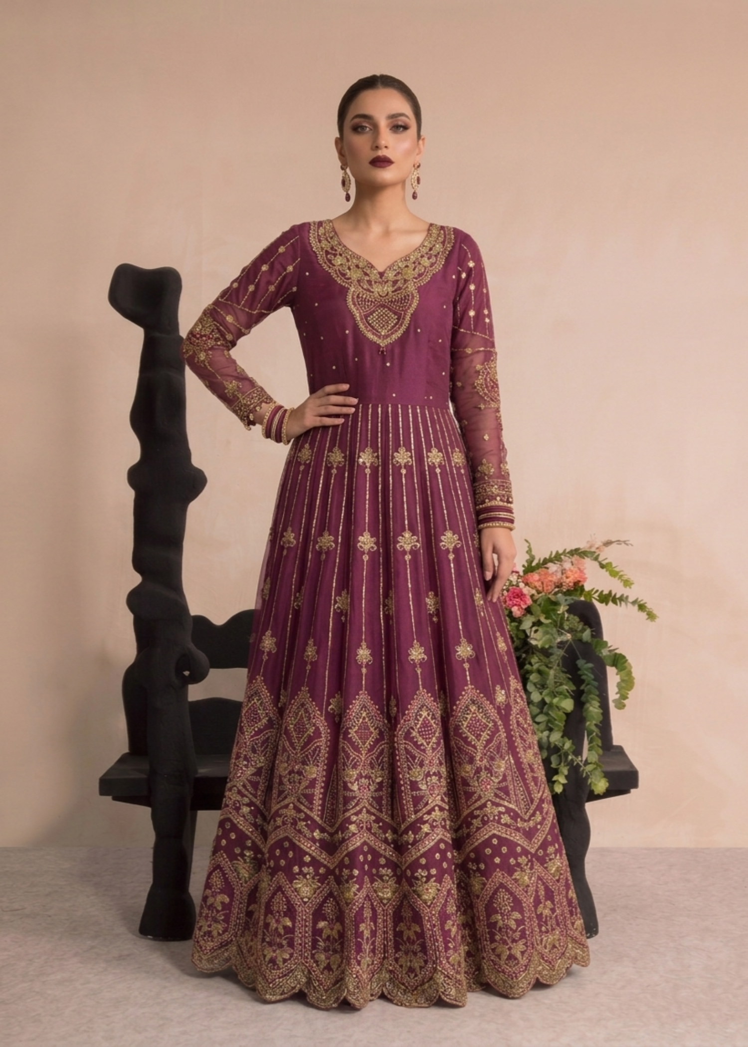 Ladies Embroidered Plum Organza Shalwar Kameez Online in UK USA Canada