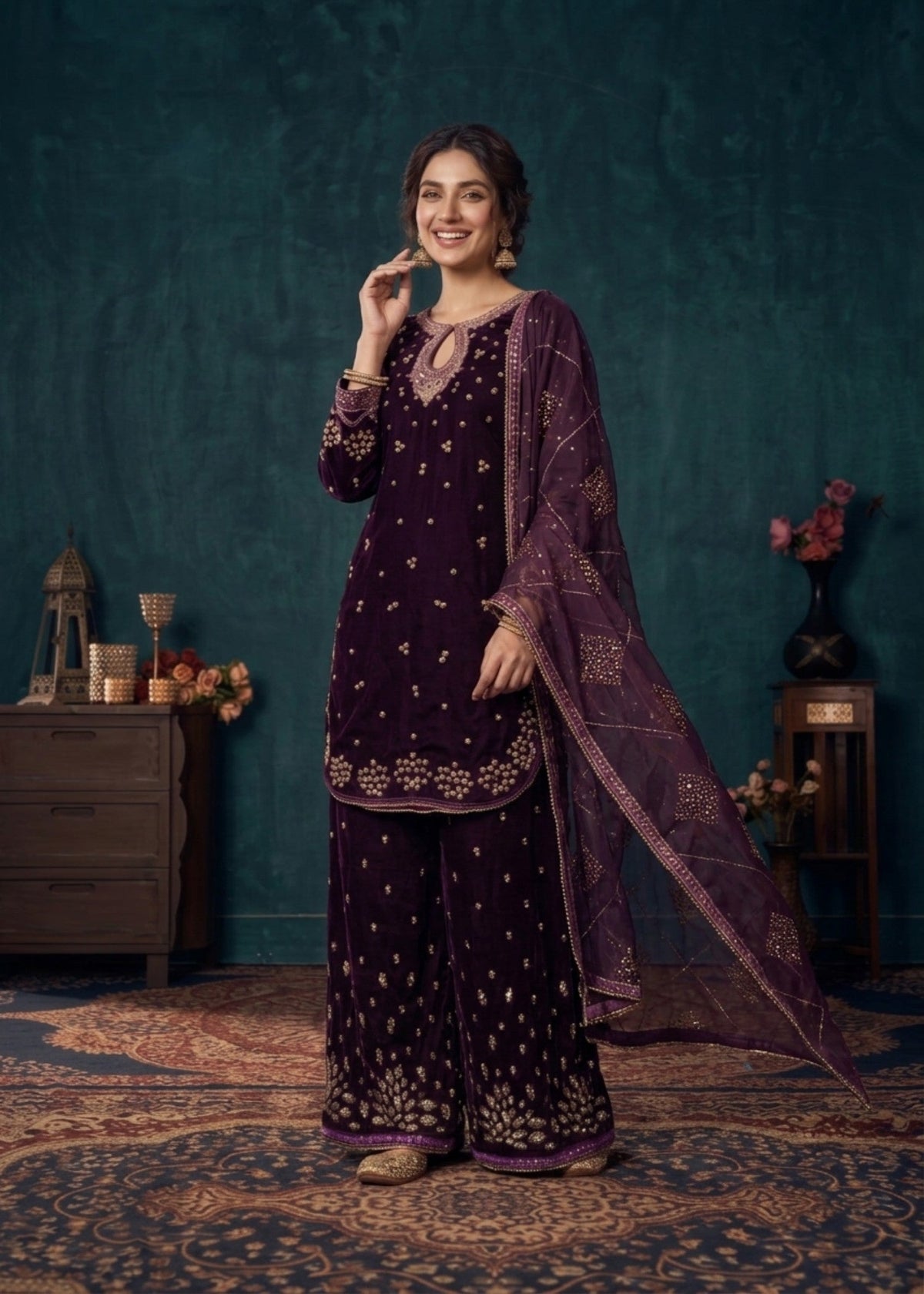 Ladies Embroidered Plum Velvet Shalwar Kameez Online in UK USA Canada