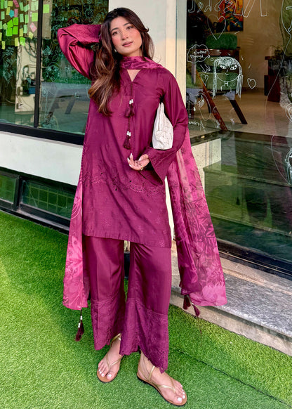 Ladies Embroidered Plum Viscose Raw Silk Shalwar Kameez Online in UK USA Canada