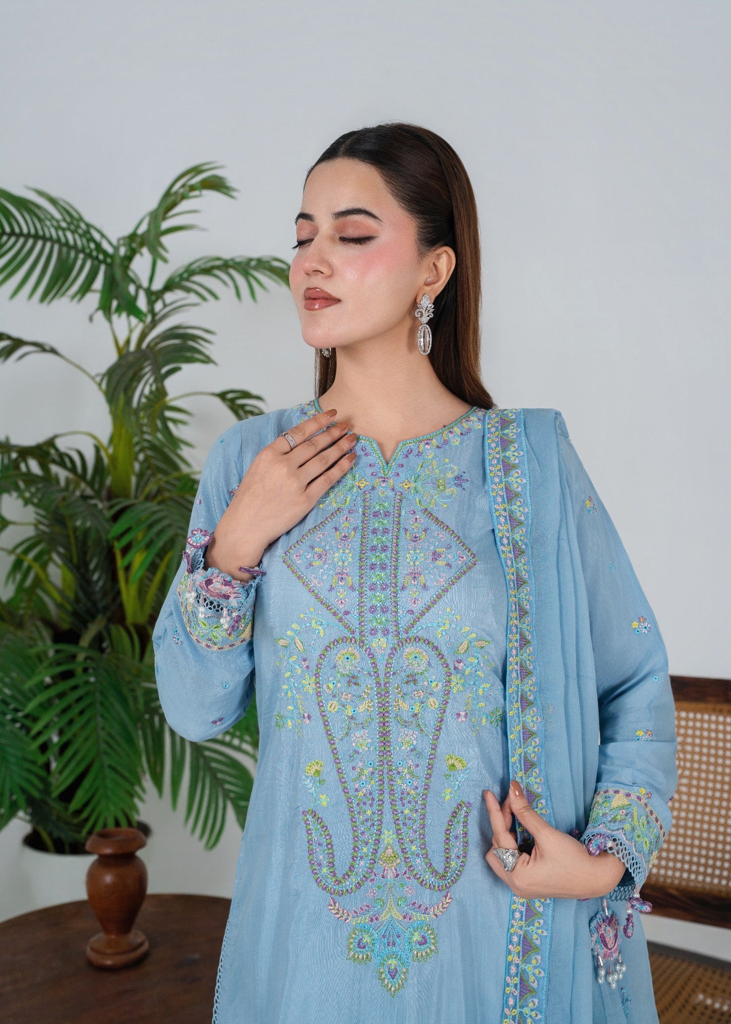 Ladies Embroidered Powder Blue Salwar Kameez Online in UK USA Canada