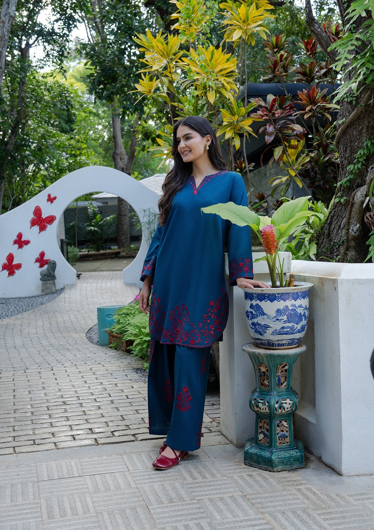 Ladies Embroidered Prussian Blue Khaddar Kurta Set Online in UK USA Canada