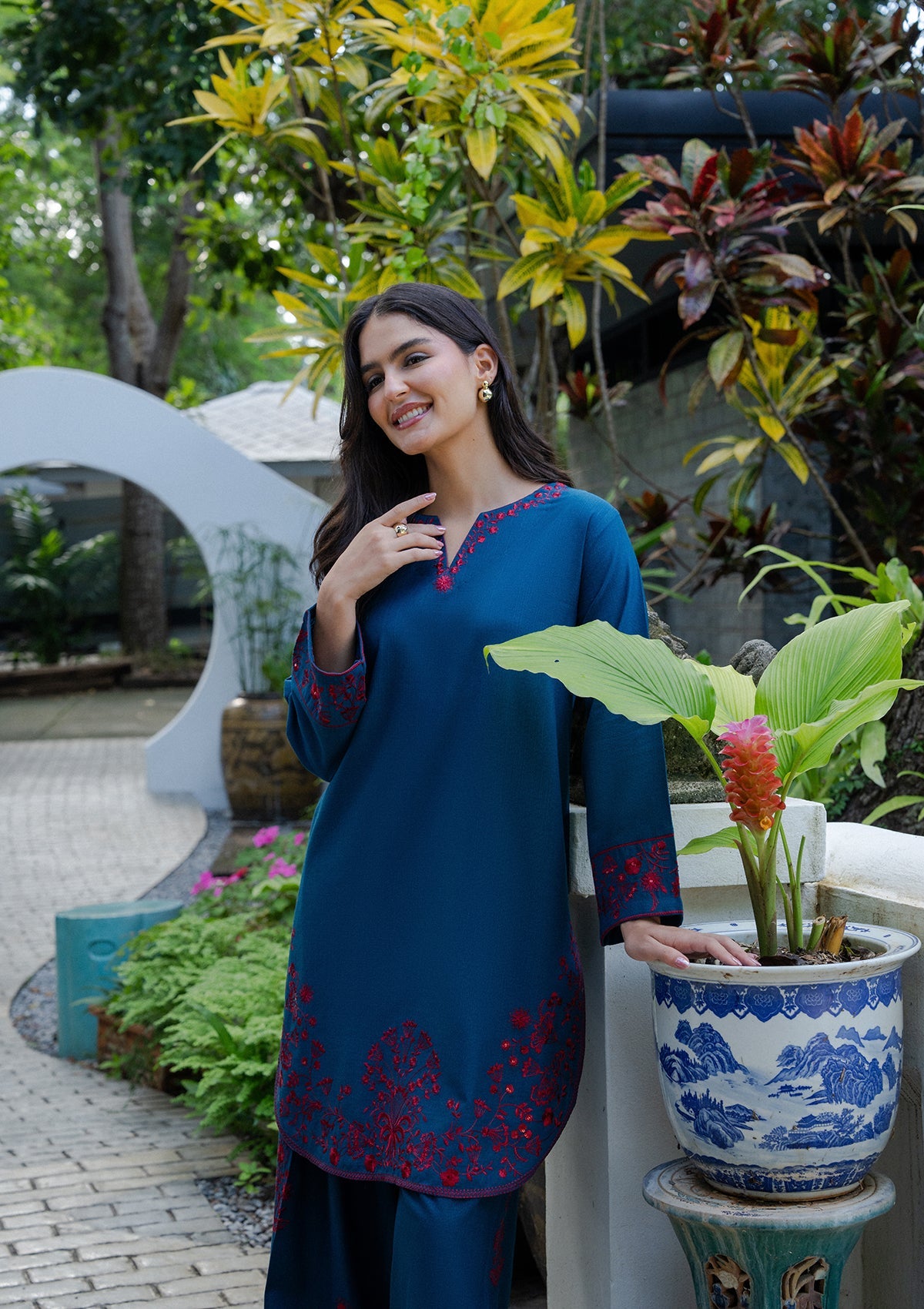 Ladies Embroidered Prussian Blue Khaddar Kurta Set Online in UK USA Canada