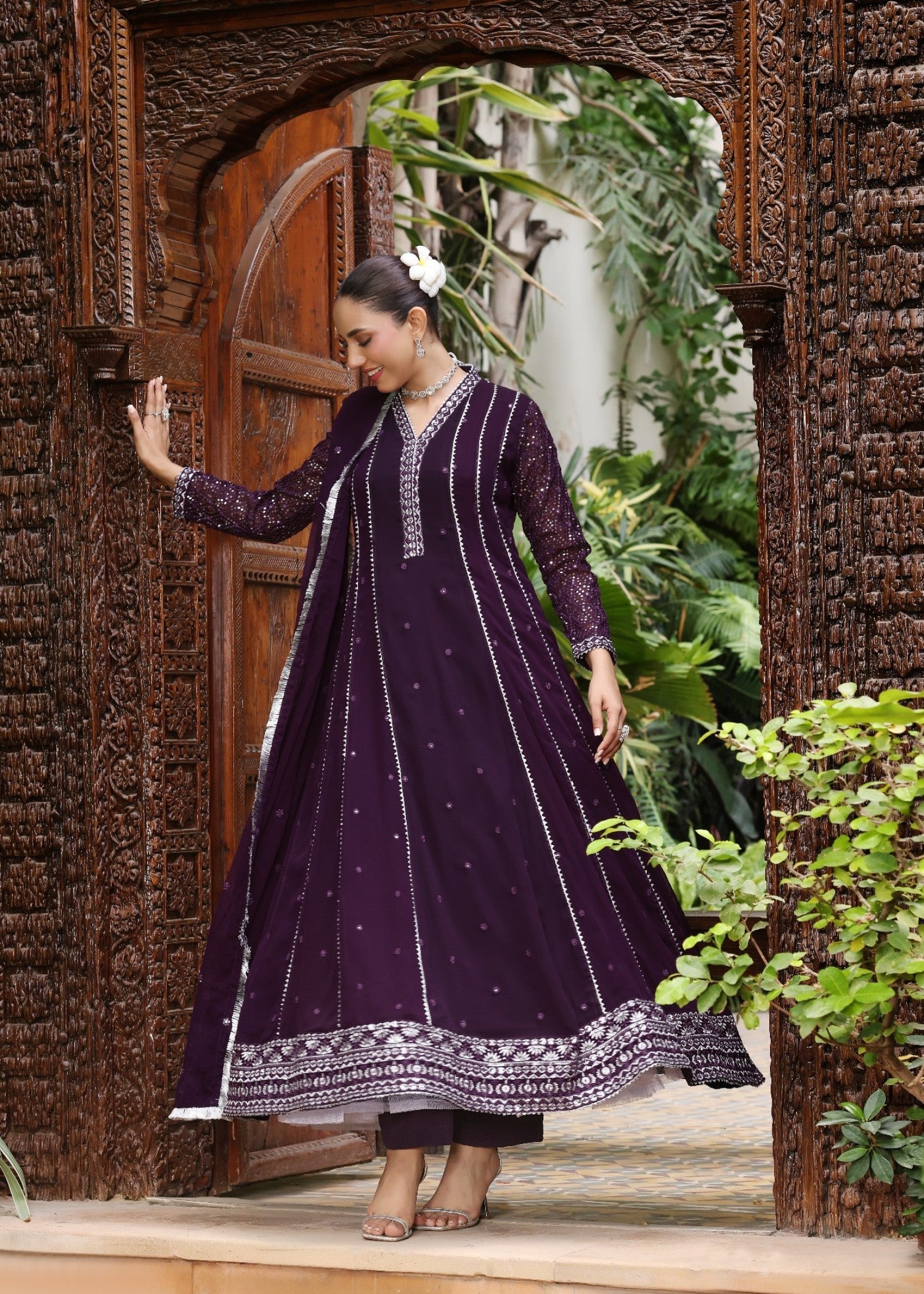 Ladies Embroidered Purple Chiffon Flared Suit Online in UK USA Canada