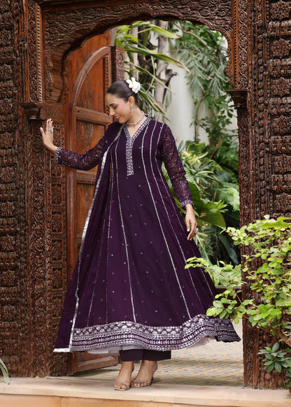 Ladies Embroidered Purple Chiffon Flared Suit Online in UK USA Canada