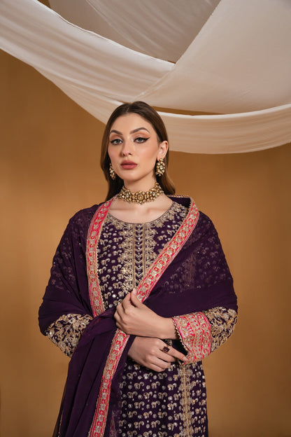 Ladies Embroidered Purple Chiffon Shalwar Kameez Online in UK USA Canada