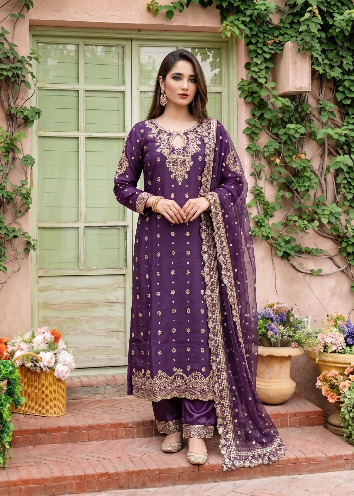 Ladies Embroidered Purple Chiffon Suit Online in UK USA Canada