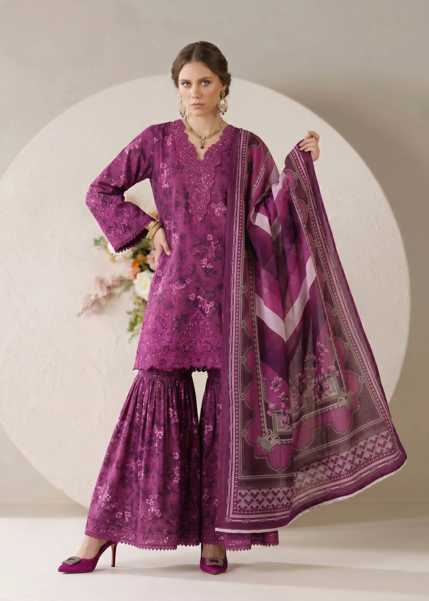 Ladies Embroidered Purple Lawn Partywear Suit Online in UK USA Canada
