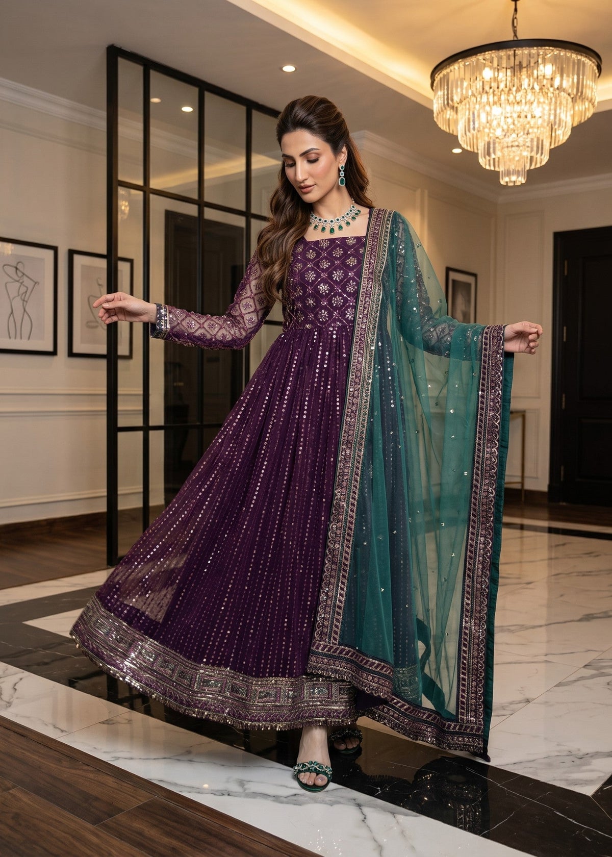 Ladies Embroidered Purple Net Pishwas Online in UK USA Canada