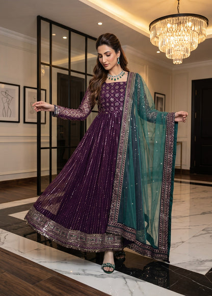 Ladies Embroidered Purple Net Pishwas Online in UK USA Canada