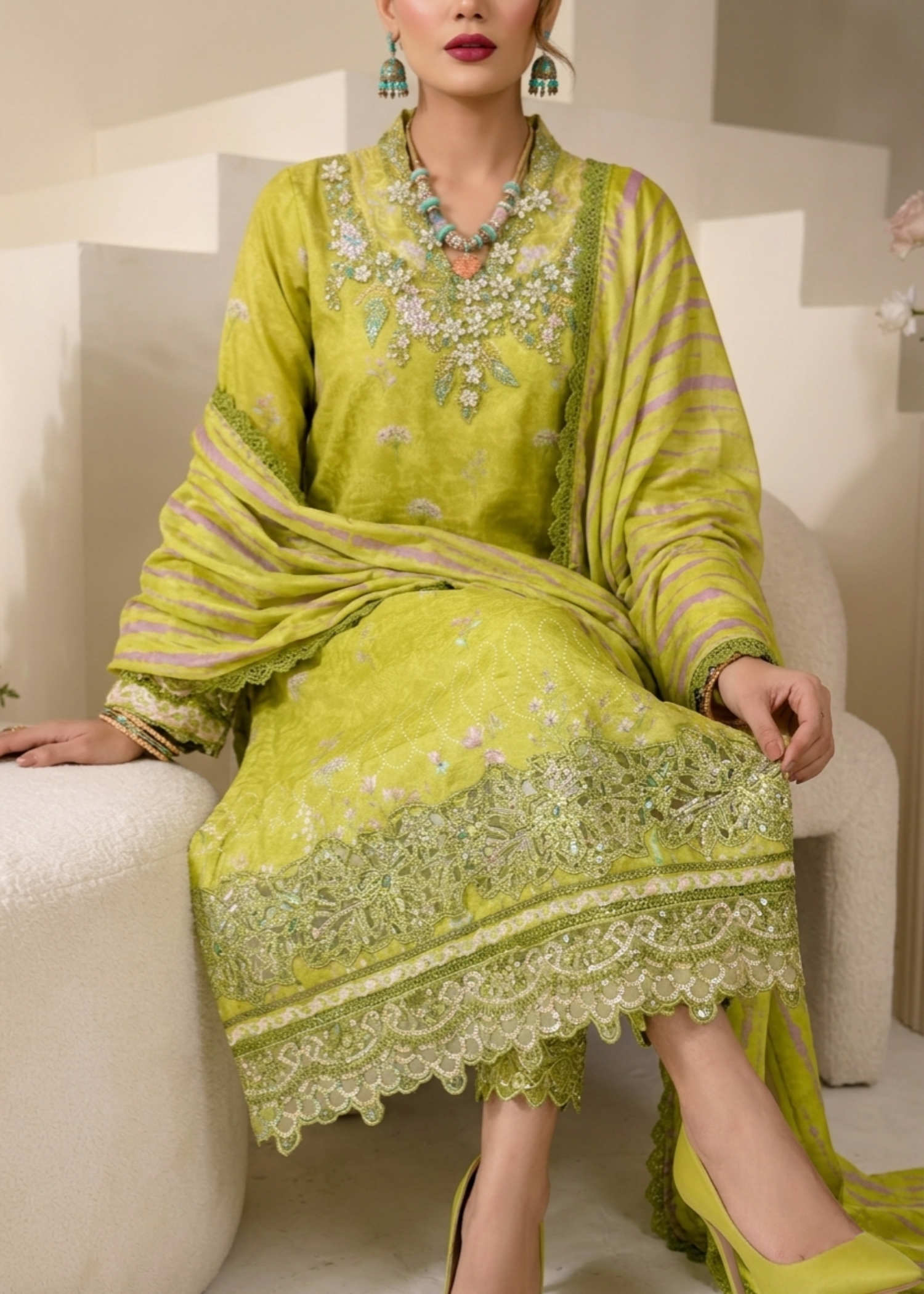 Ladies Embroidered Raw Silk Olive Green Suit Online in UK USA Canada