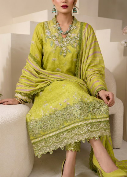 Ladies Embroidered Raw Silk Olive Green Suit Online in UK USA Canada