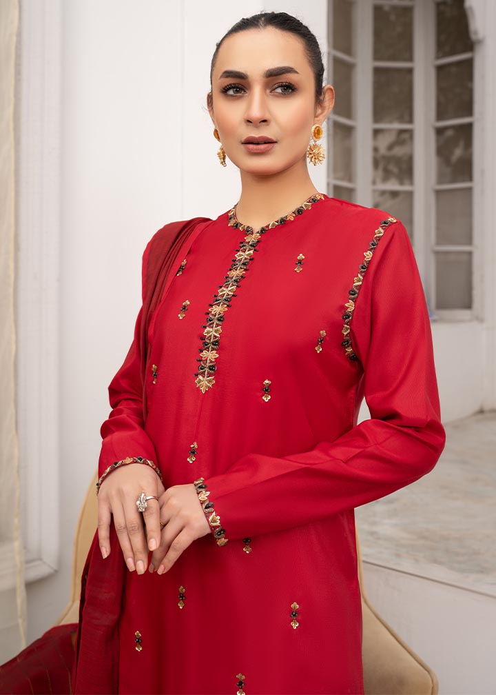 Ladies Embroidered Red Kattan Silk Salwar Kameez Online in KSA Riyadh Saudi Arabia Oman Bahrain Qatar