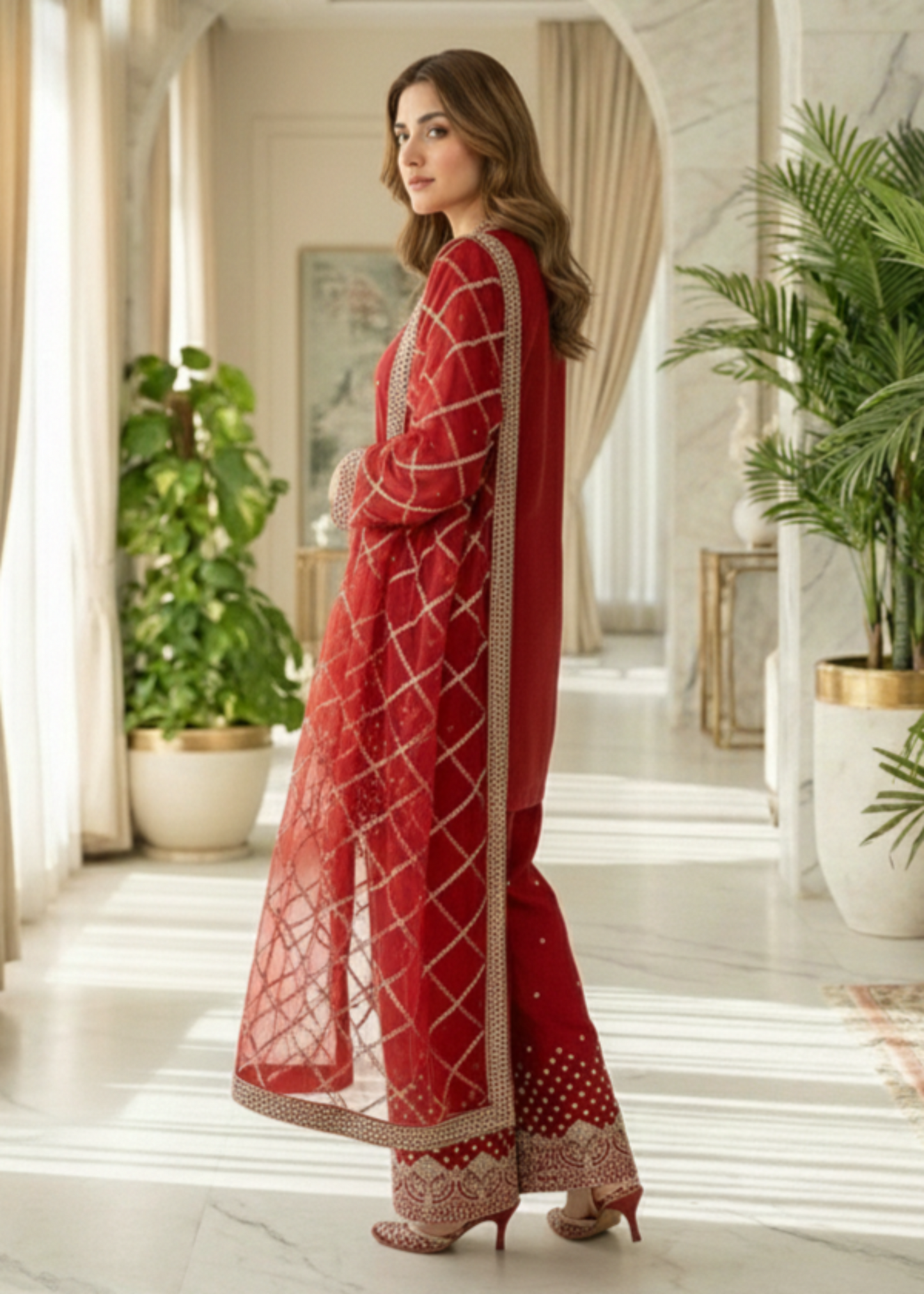 Ladies Embroidered Red Silk Suit Online in UK USA Canada