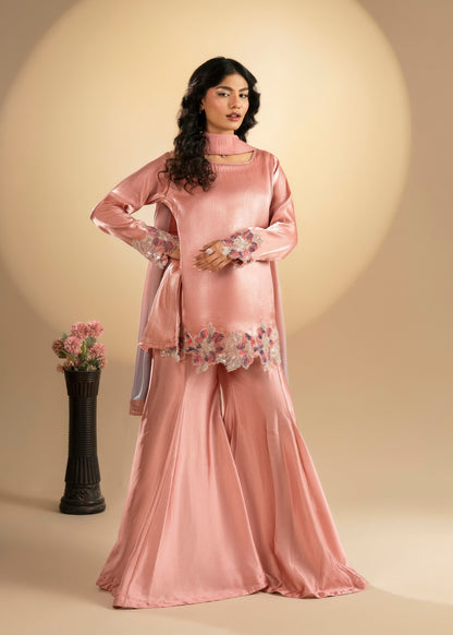 Ladies Embroidered Rose Pink Silk Sharara Set Online in UK USA Canada