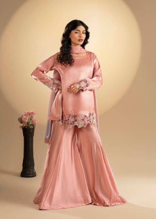 Ladies Embroidered Rose Pink Silk Sharara Set Online in UK USA Canada
