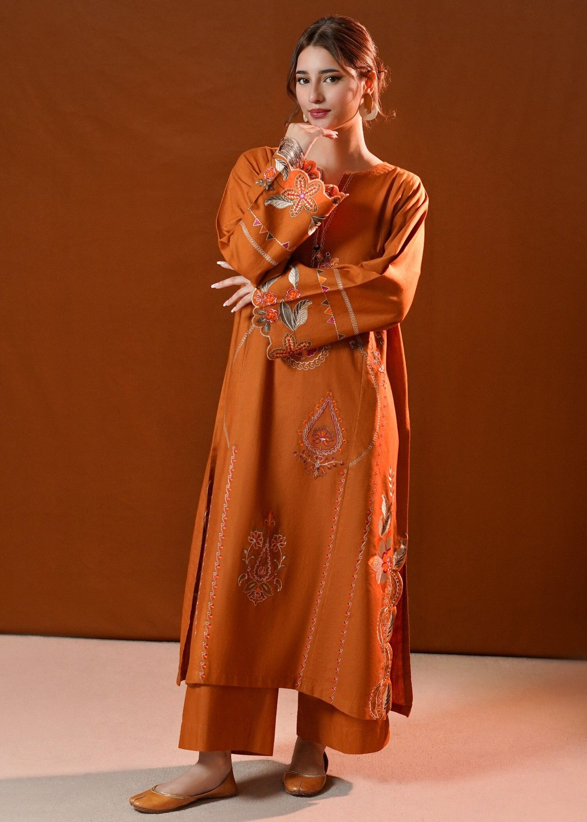 Ladies Embroidered Rust Orange Khaddar Kurta Set Online in UK USA Canada