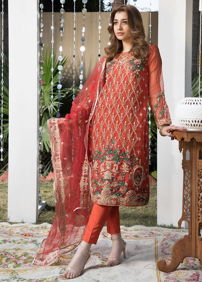 Ladies Embroidered Rust Orange Organza Suit Online in UK USA Canada